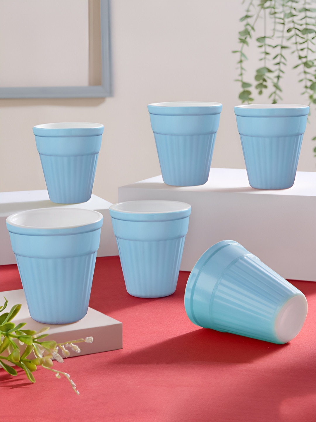 Larah by BOROSIL 6 Pieces Blue & White Textured Opalware Matte Kulladhs 200 ml