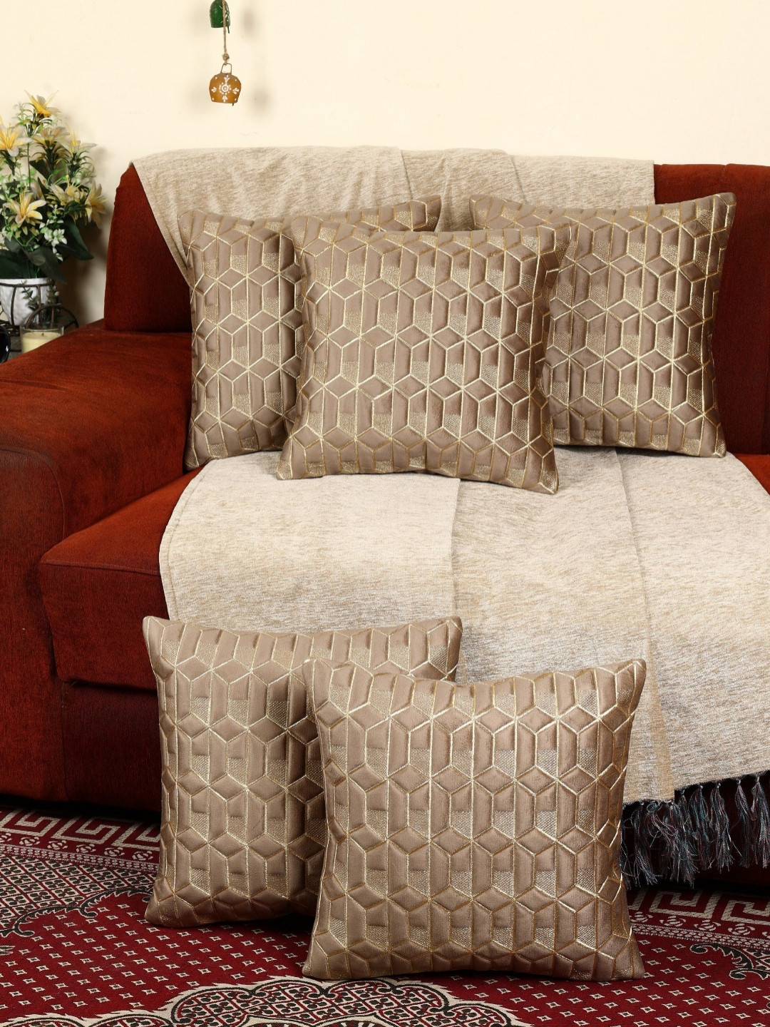 MONKDECOR Hexa Geometric Velvet Washable 5 Pcs Textured Square Cushion Covers - 12 x 12 In