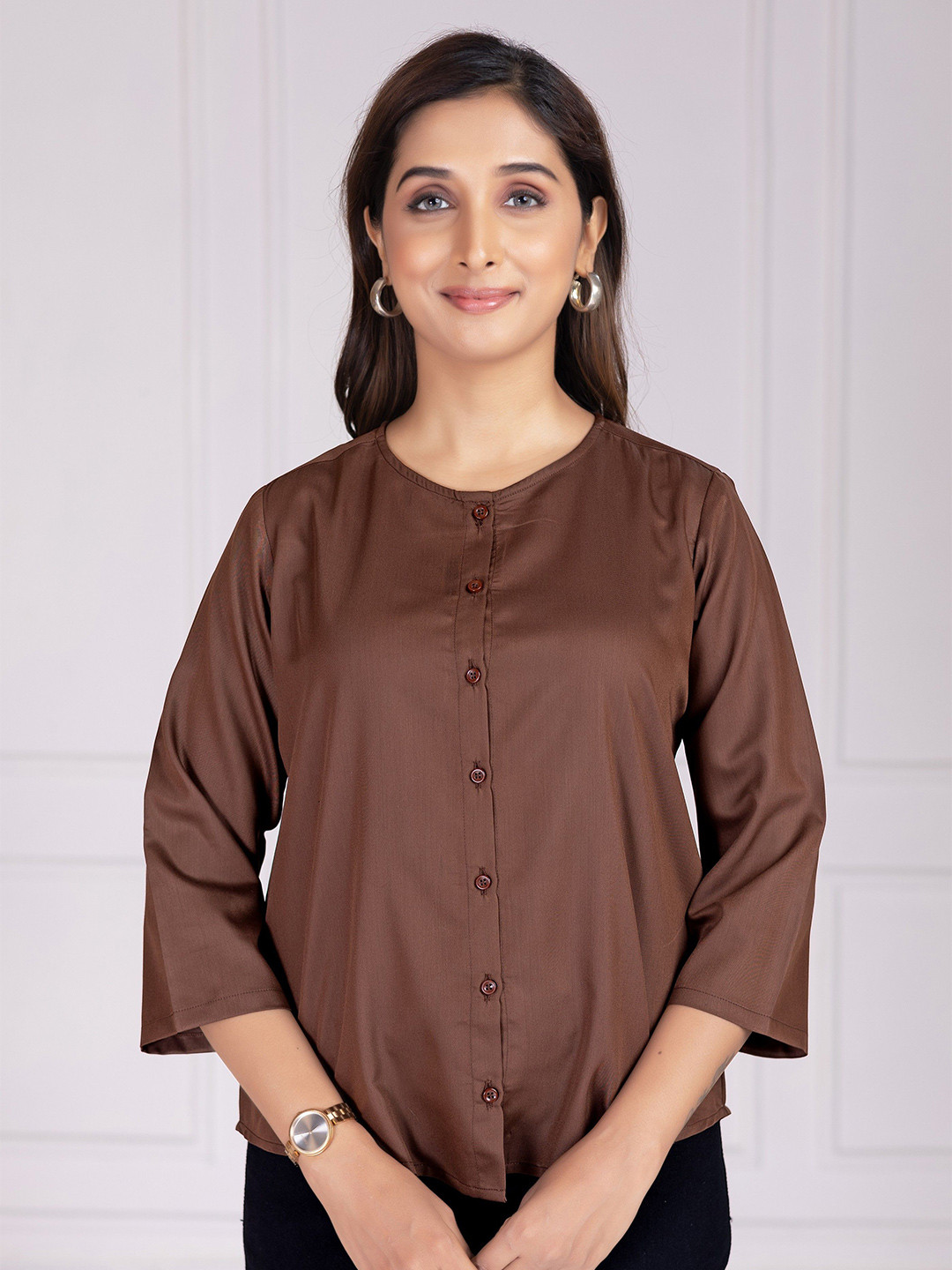 AMOUS Collarless Three-Quarter Sleeves Cotton Shirt