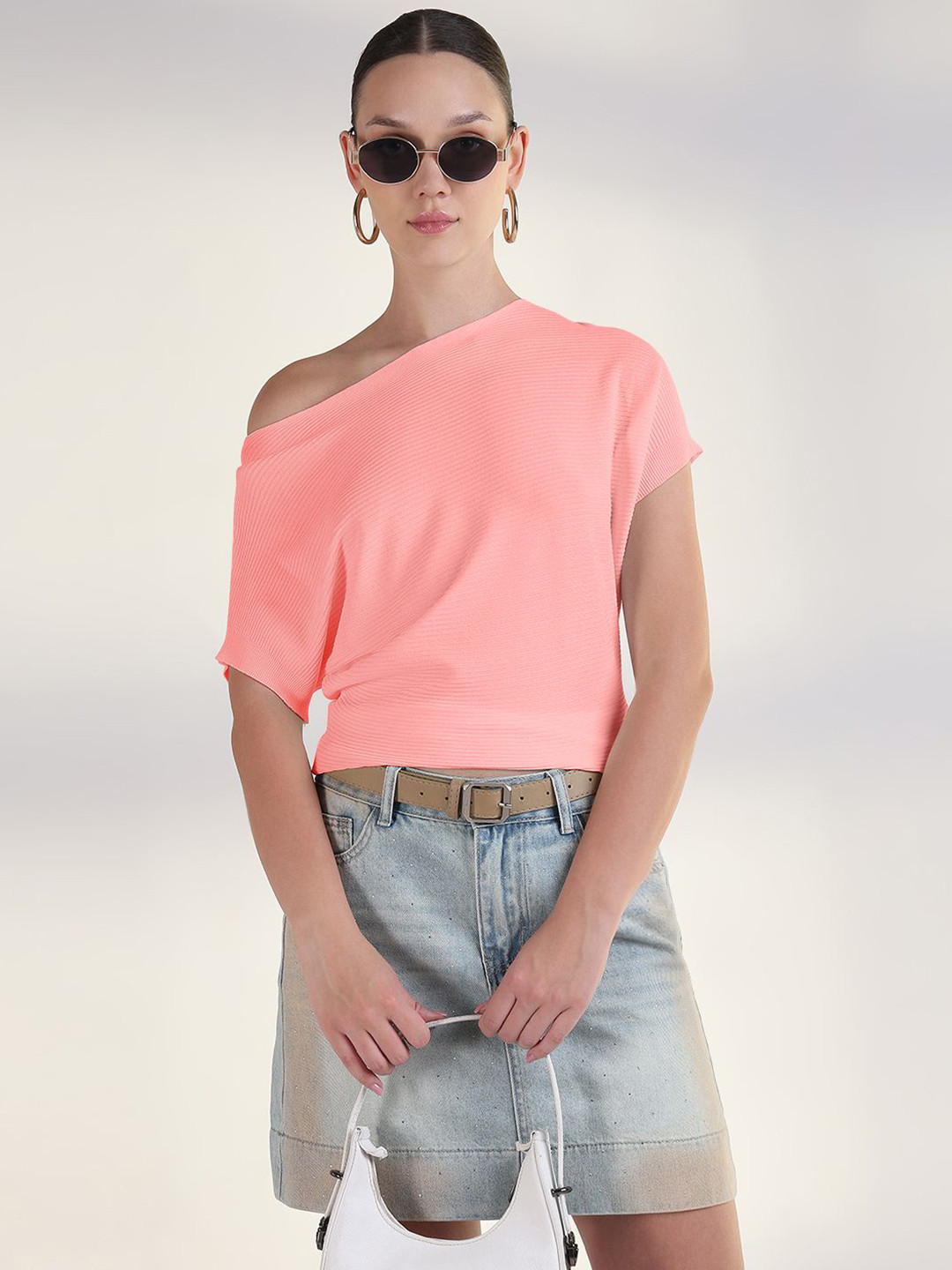 SHOWOFF Women Ribbed Batwing Sleeves Cotton Boat Neck Top