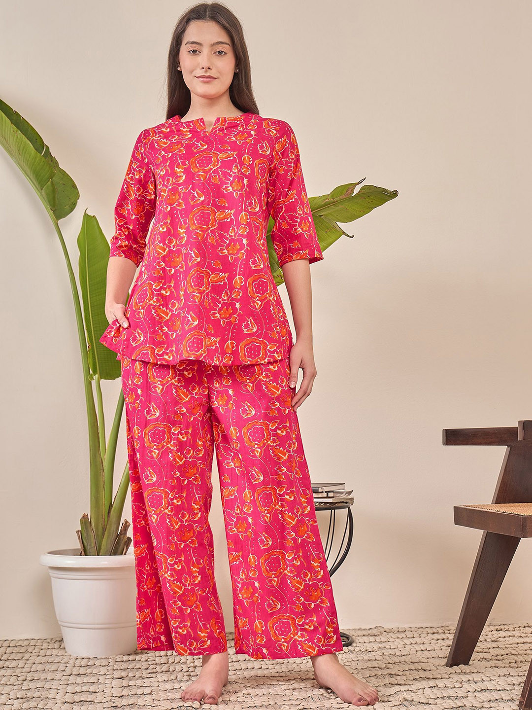 July Women Floral Printed Cotton Long Kurti Pyjama Night suit
