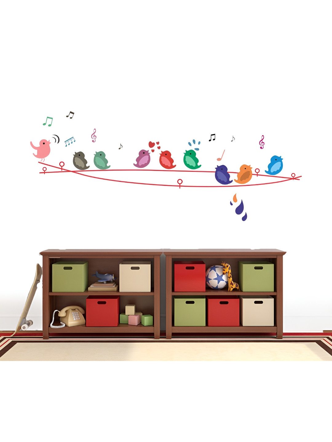 Aura Green & Blue Colorful Singing Birds on Wire Self Adhesive Wall Sticker