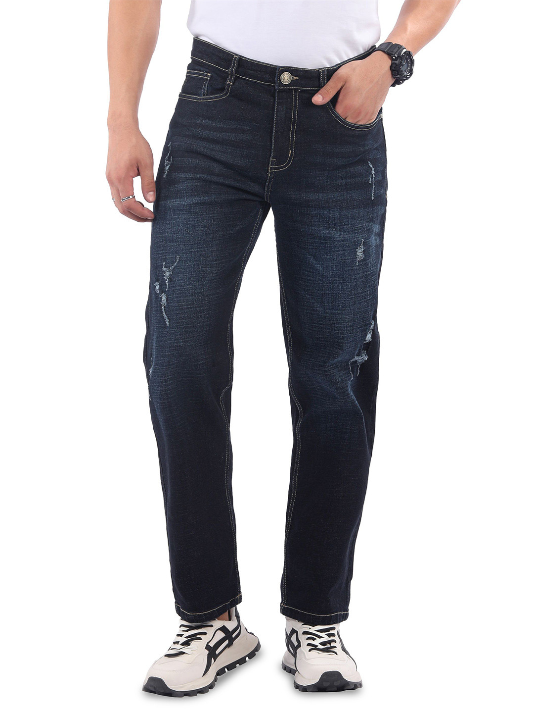 Beyoung Men Original Indigo Blue Distressed Regular Fit Jeans