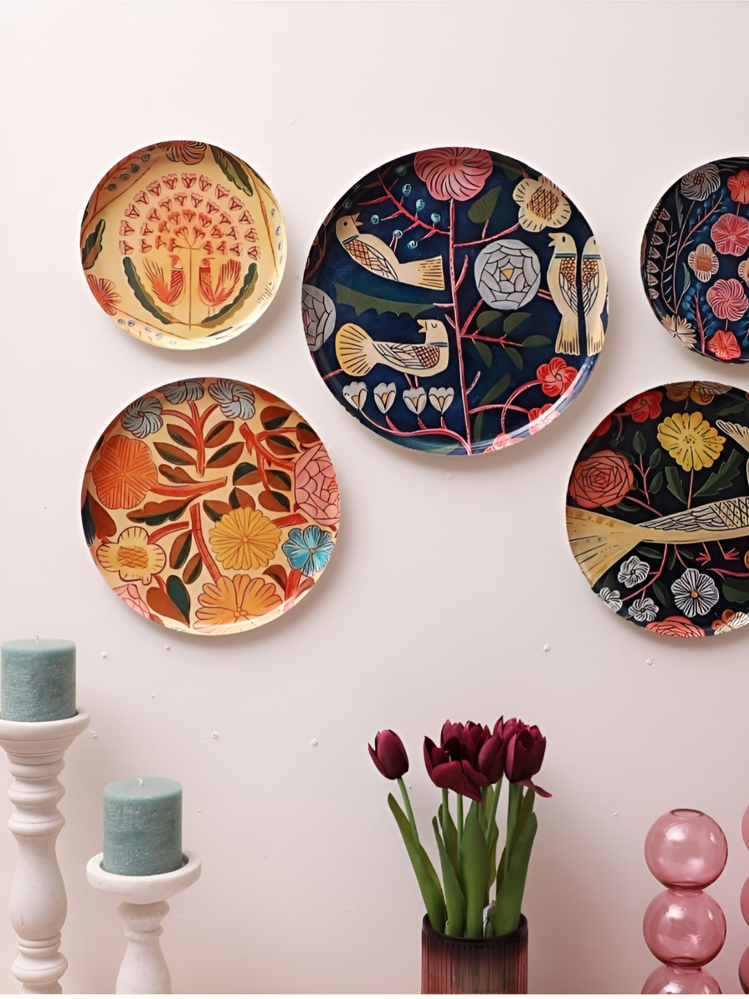 Amaya Decors Bird Metal & Meena Crafted Ceramics Glossy Hanging Hall 5Pcs Wall Plates