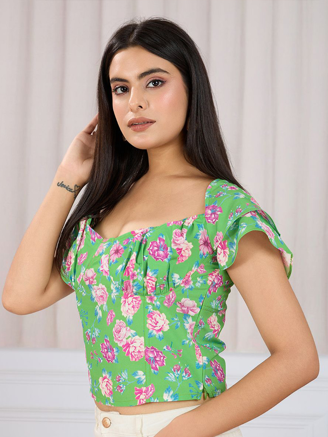 Mast & Harbour Women Floral Print Cap Sleeve Crop Top