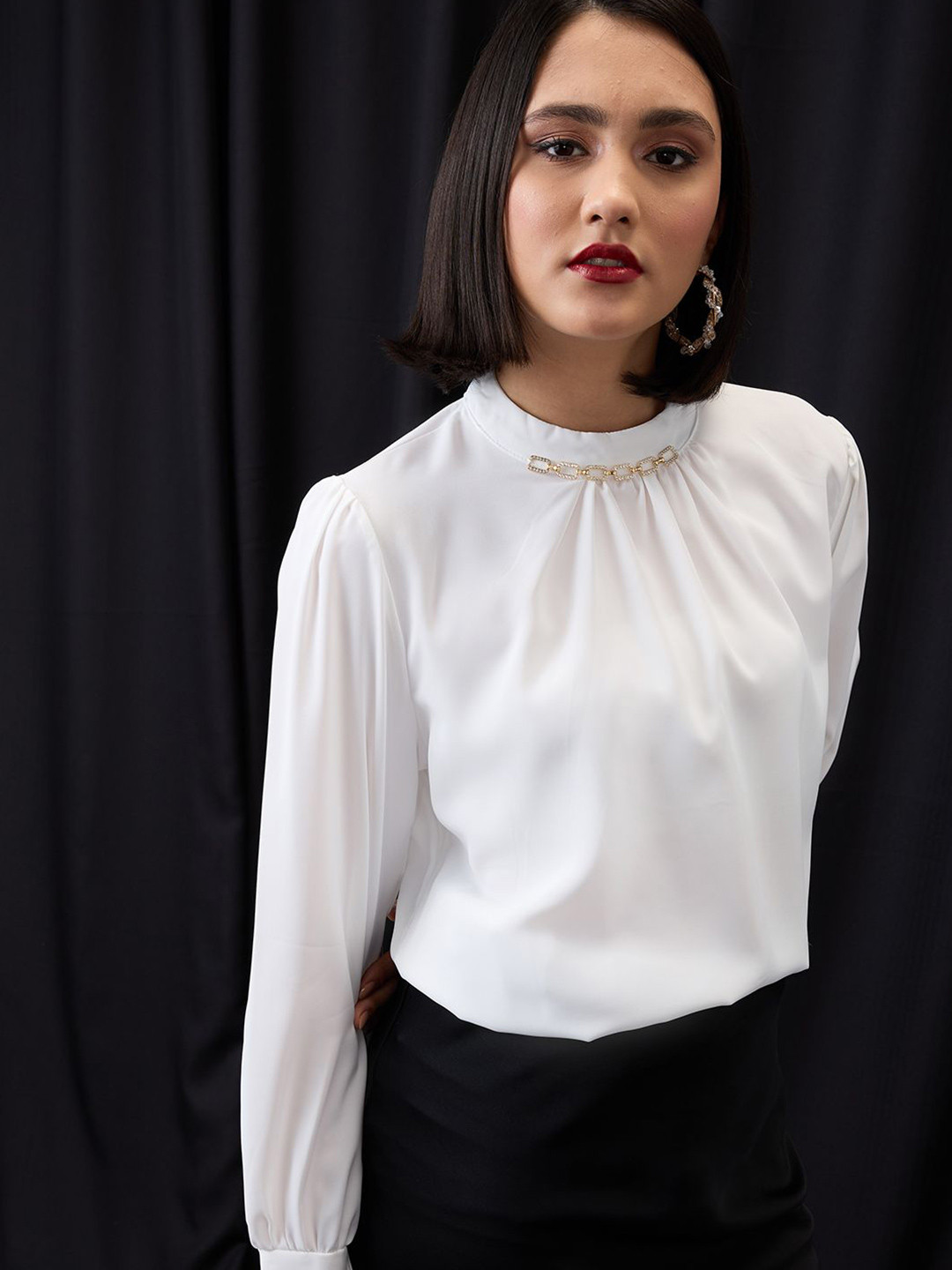 Globus Gold Chain Detail High Neck Cuffed Sleeves Pleated Workwear Top