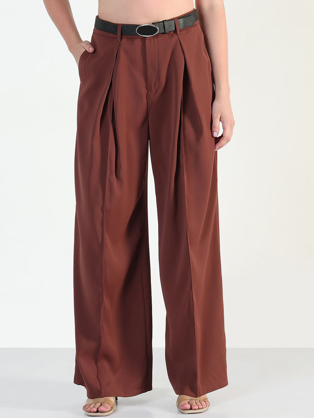 SHOWOFF Women Relaxed High-Rise Relaxed Fit Pleated Korean Pants with Belt