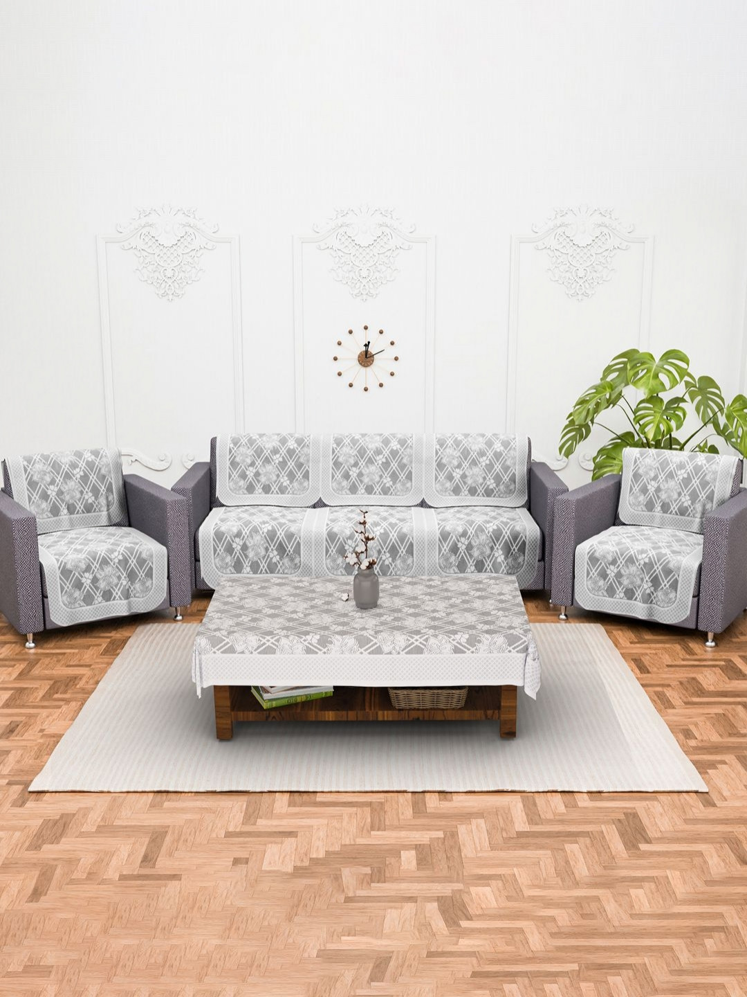 Aura Grey 11 Pcs Cotton Net 5 Seater Sofa Cover & 4 Seater Center Table Cover Combo Set