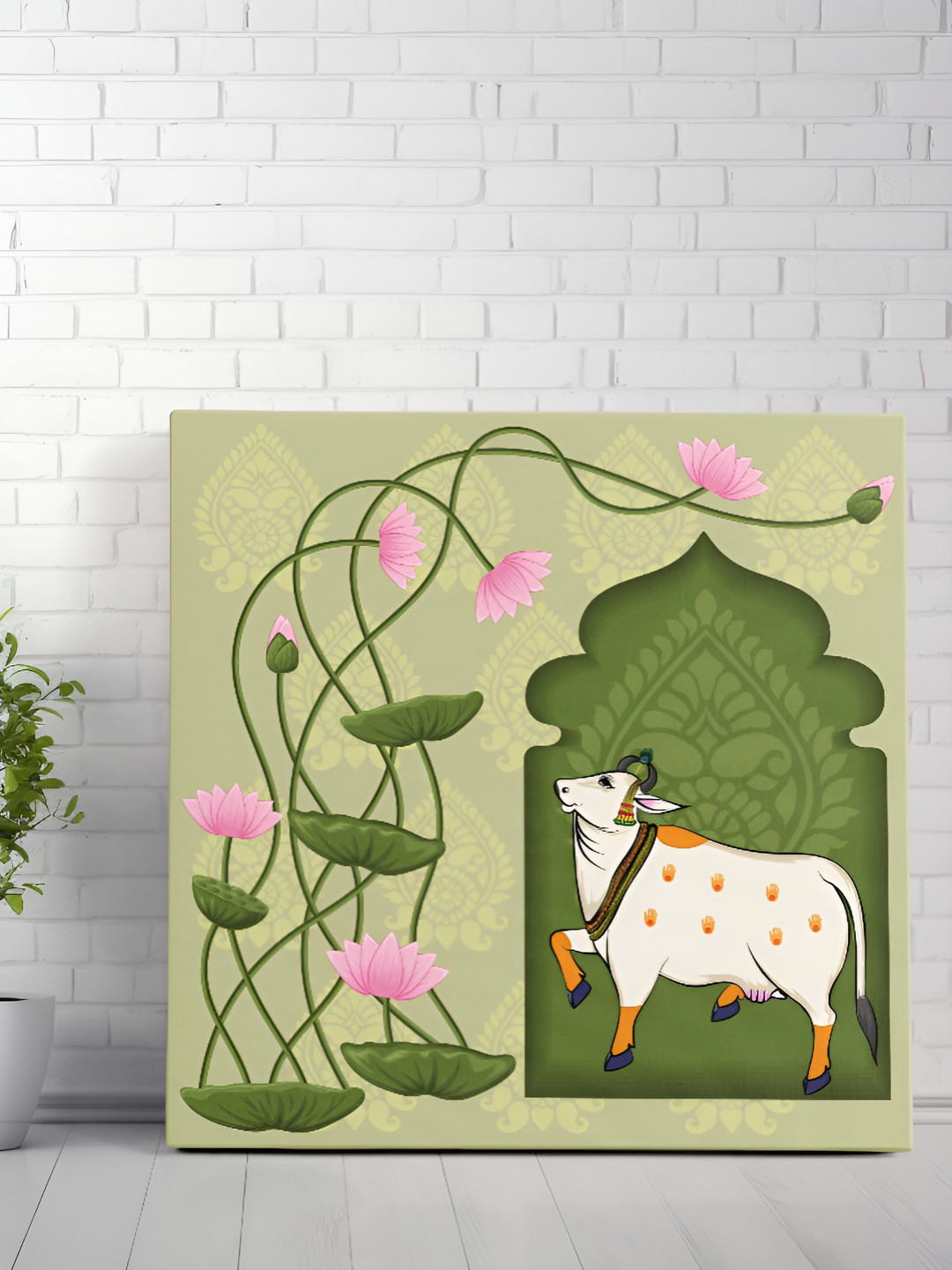 SAF Green & White Kamdhenu Cow With Lotus Arch Canvas Wall Art