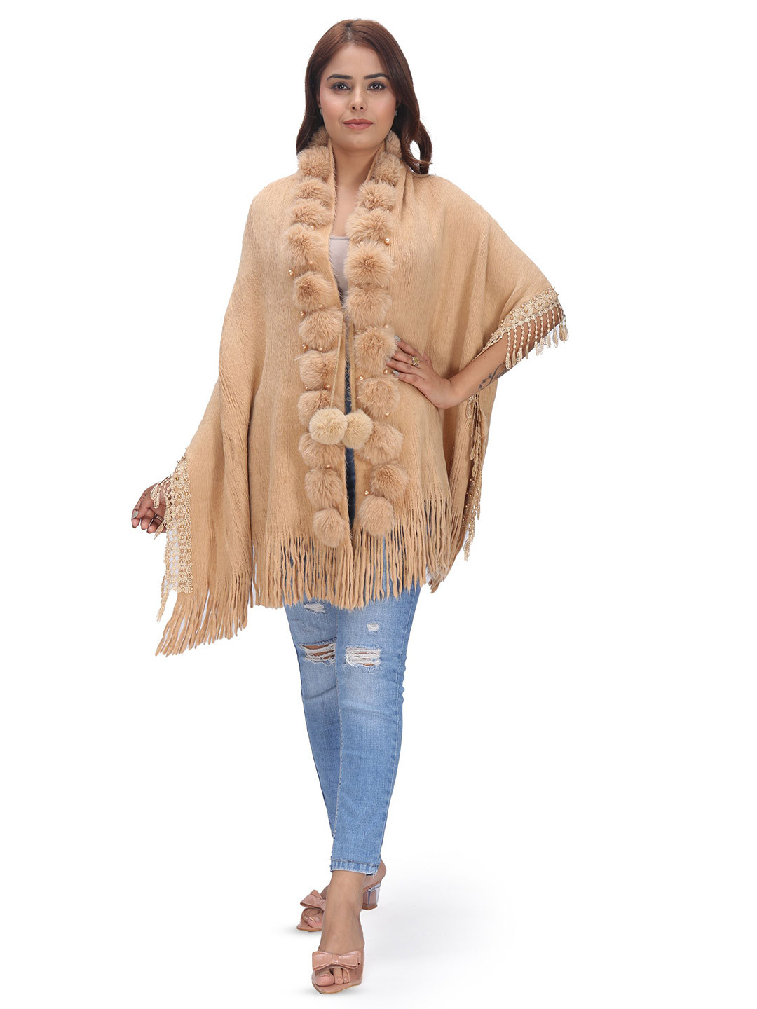 Manra Pure Woolen Ball Details Shawl With Tasselled Border