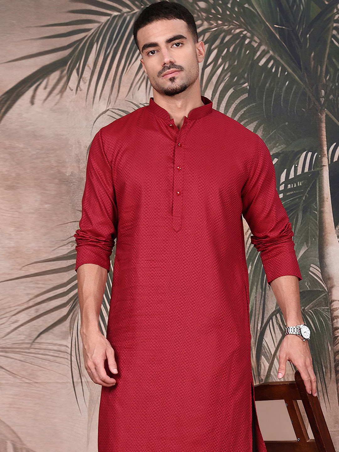 Sangria Textured Pattern Cotton Mandarin Collar Straight Kurta
