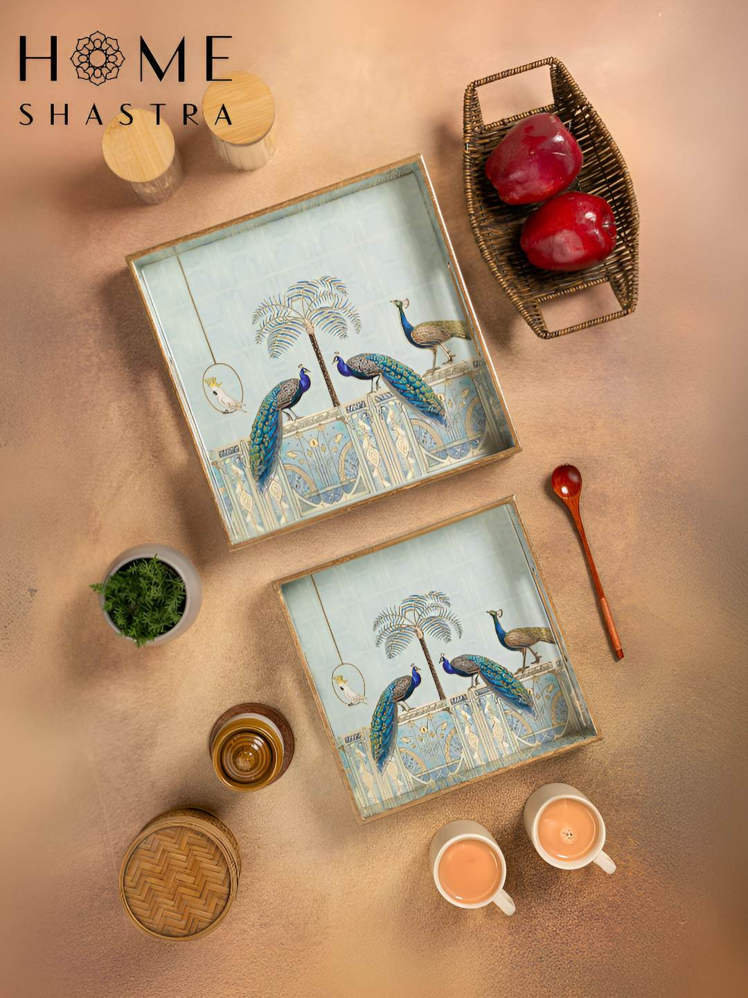 HomeShastra Blue 2025 MDF 2 Pieces Easy to Clean Serving Tray