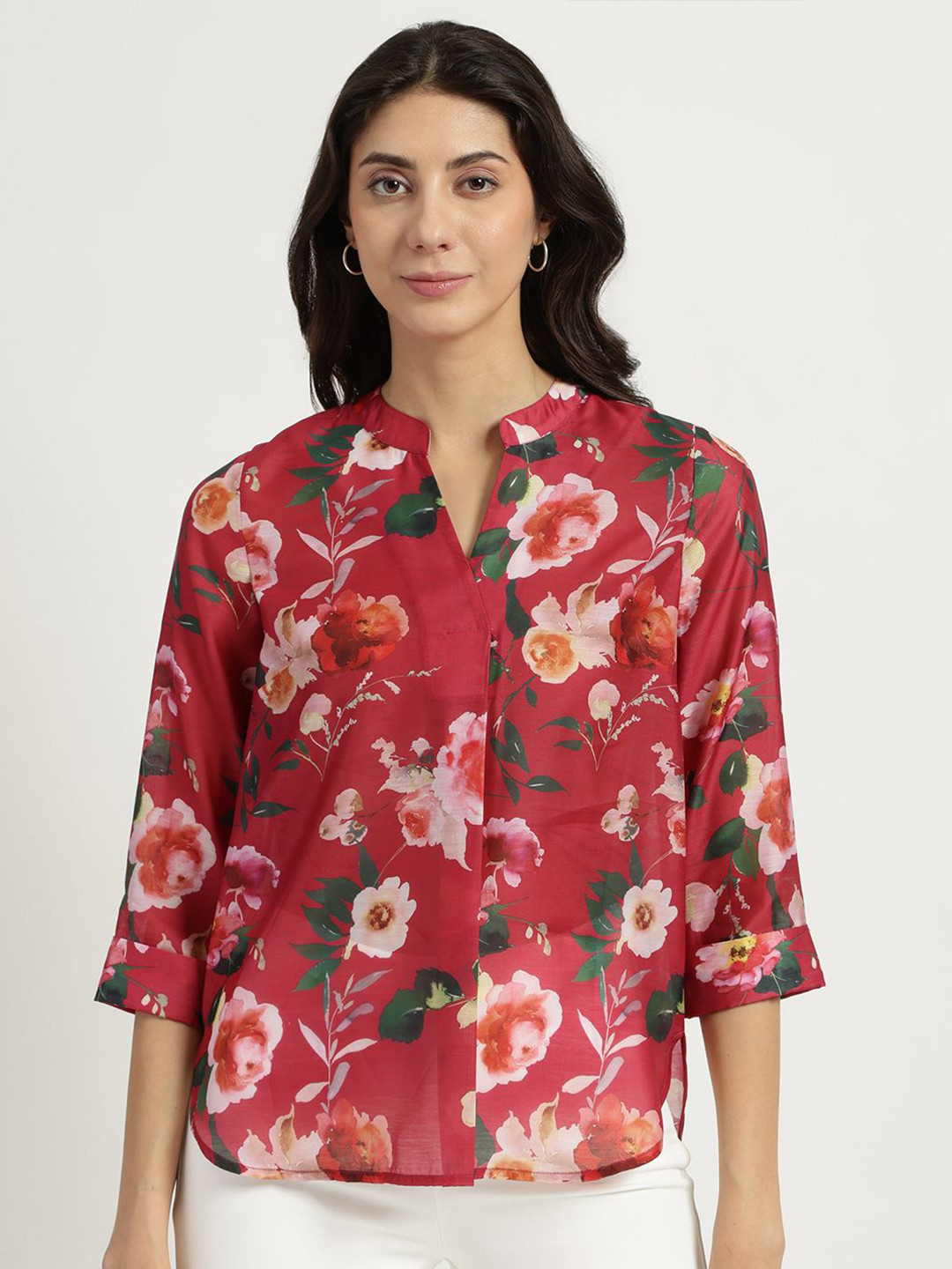 FableStreet Women Red Floral Printed Sheer Chanderi Top
