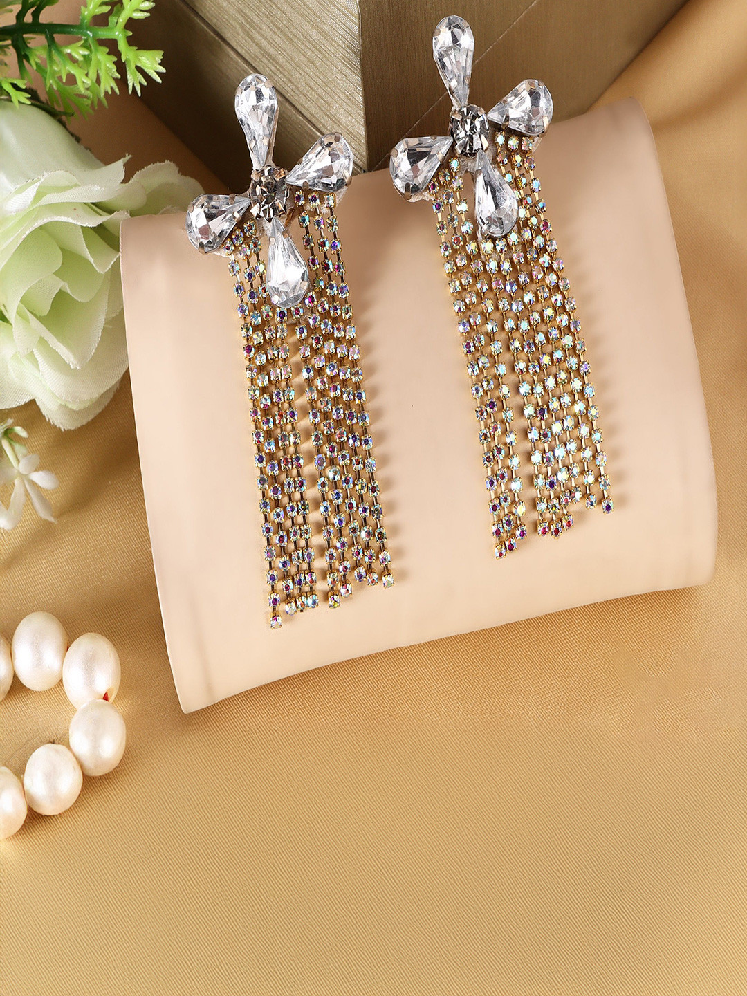 IIK COLLECTION Silver Gold-Plated Crystal Studded Floral Drop Earrings