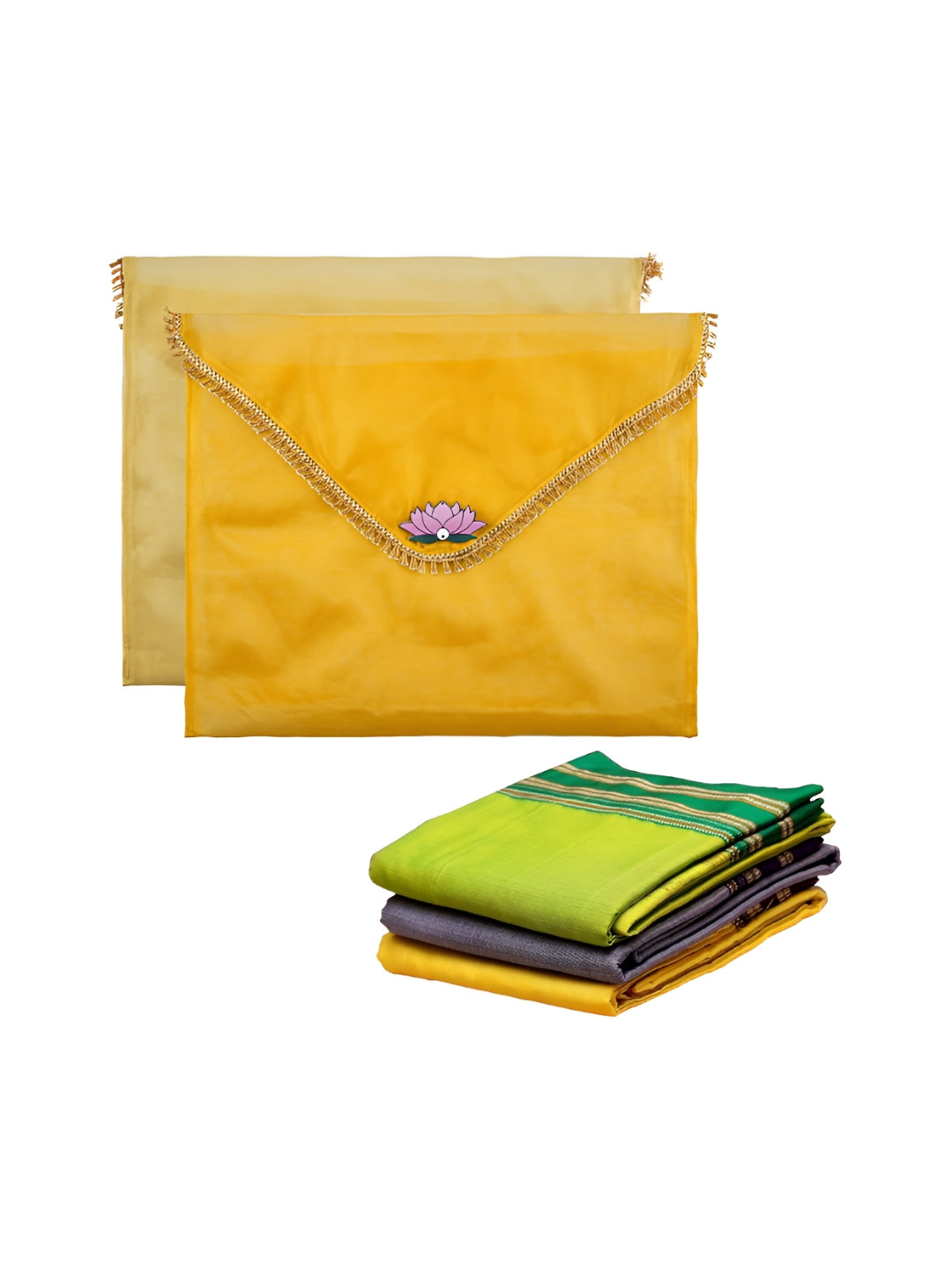 Aura 2 Pcs Yellow Double Layer Organza Saree Covers Gifting with Flower Flap Closure