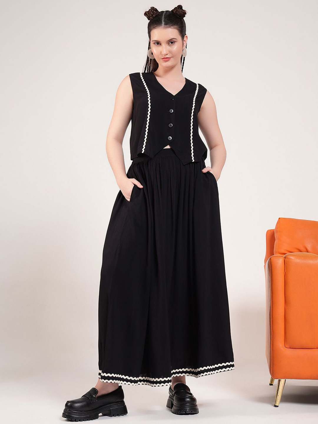 DEEBACO V-Neck Waistcoat With Maxi Skirt Co-Ords