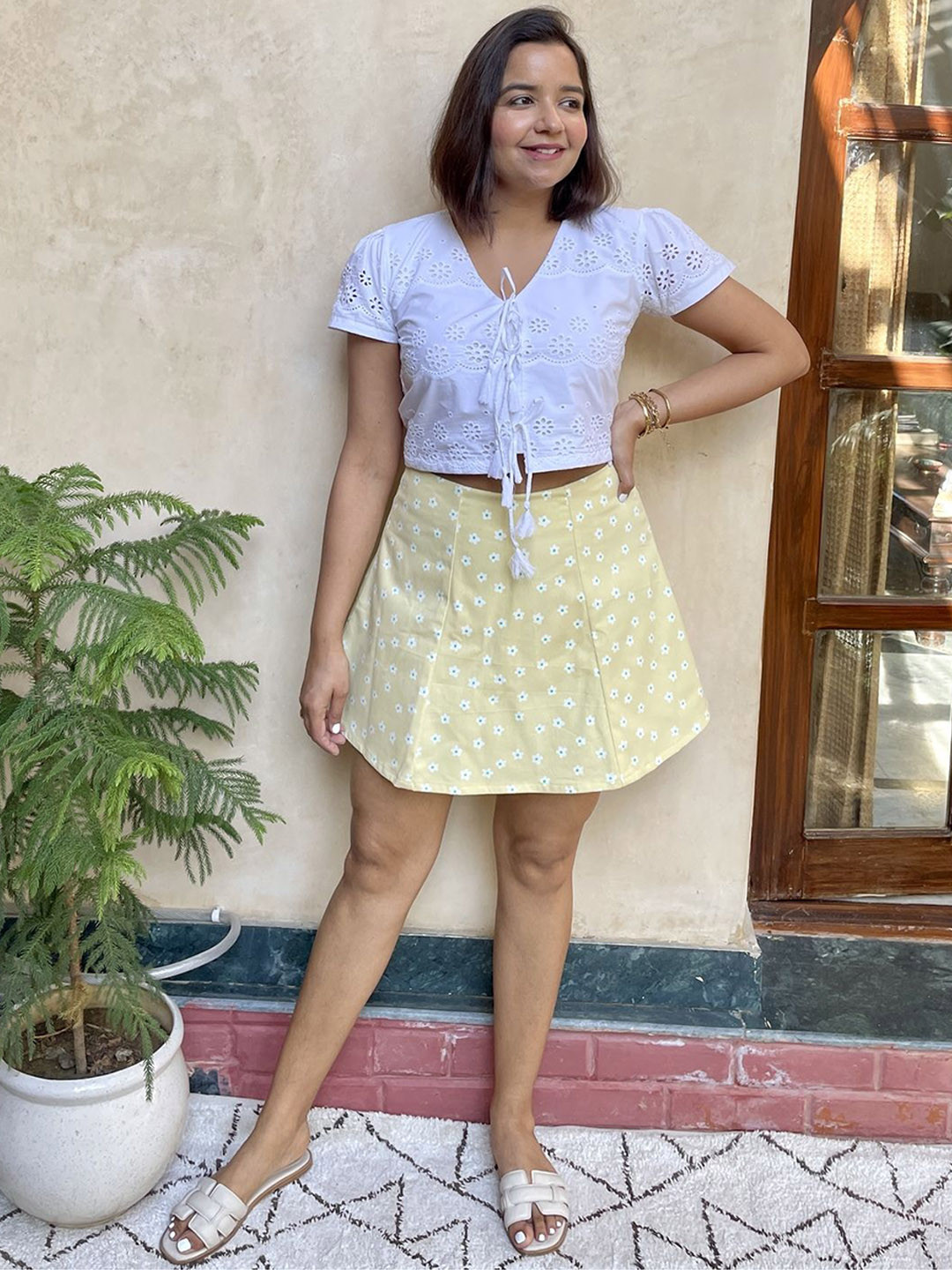 Label Tanvee White Schiffli Top & Yellow Skorts Co-Ord Set