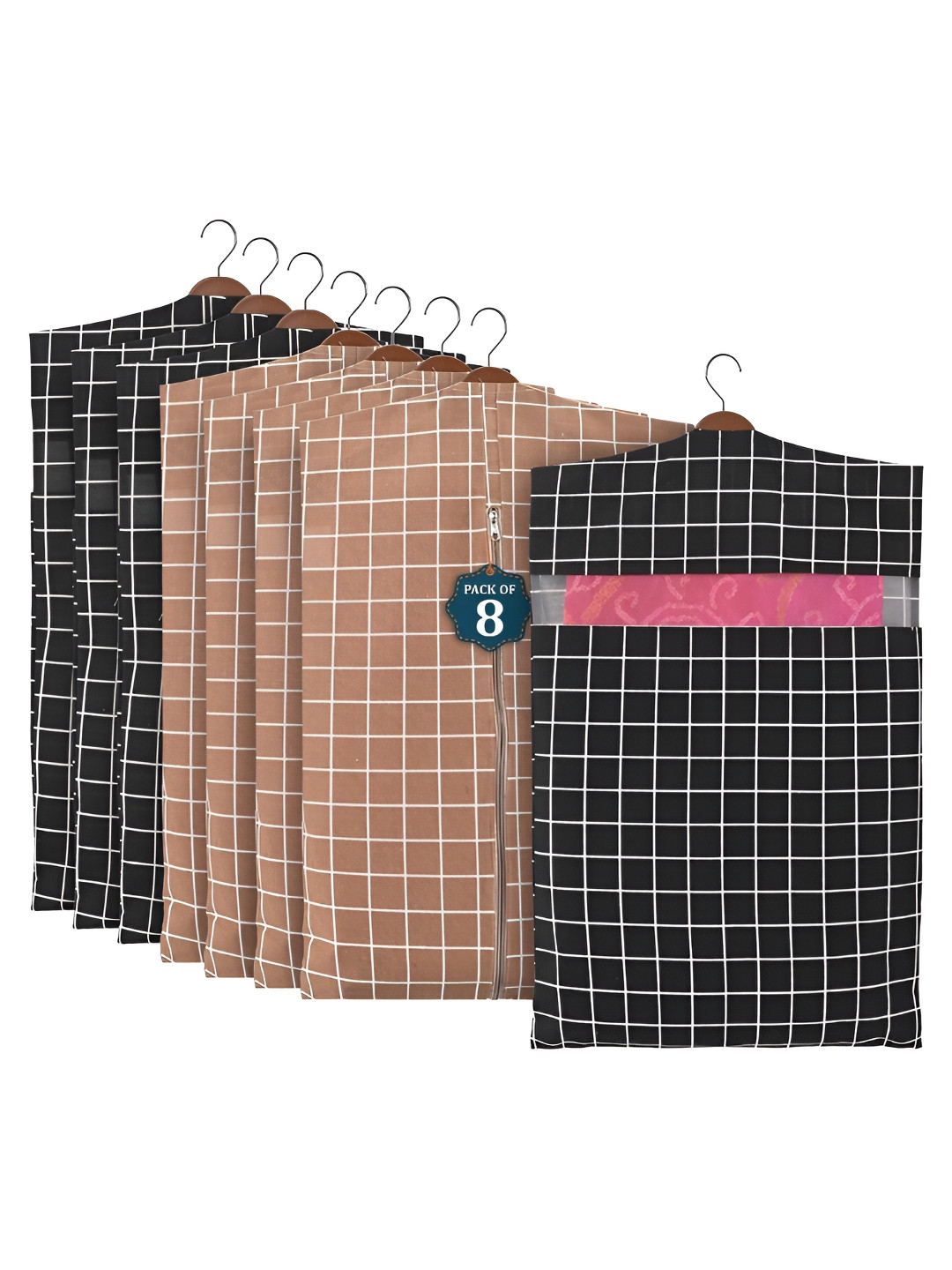 Aura Brown 8 Pcs Mesh Window Cotton Hanging Saree Cover & Storage Multi-Utility Organisers