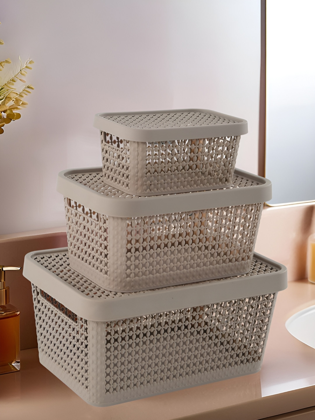 Aura Beige 3 Pieces Stackable Tote Basket Organisers