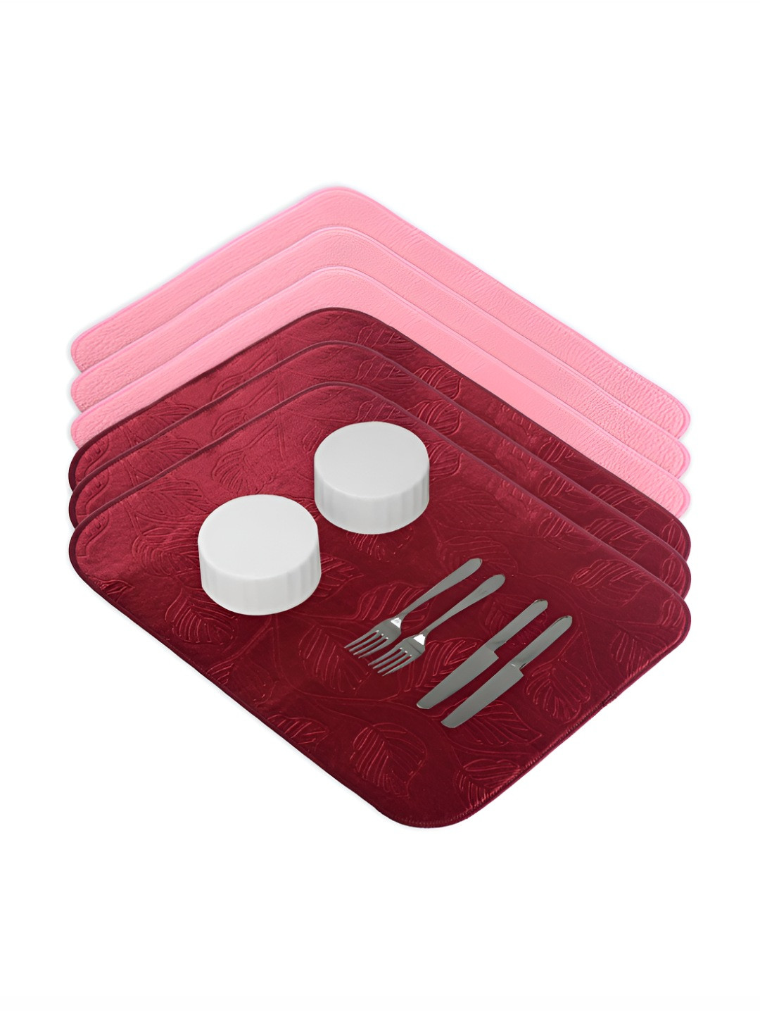 Aura 6-Pcs Maroon & Pink Floor Microfiber Crockery Dish Drying Kitchen Mats