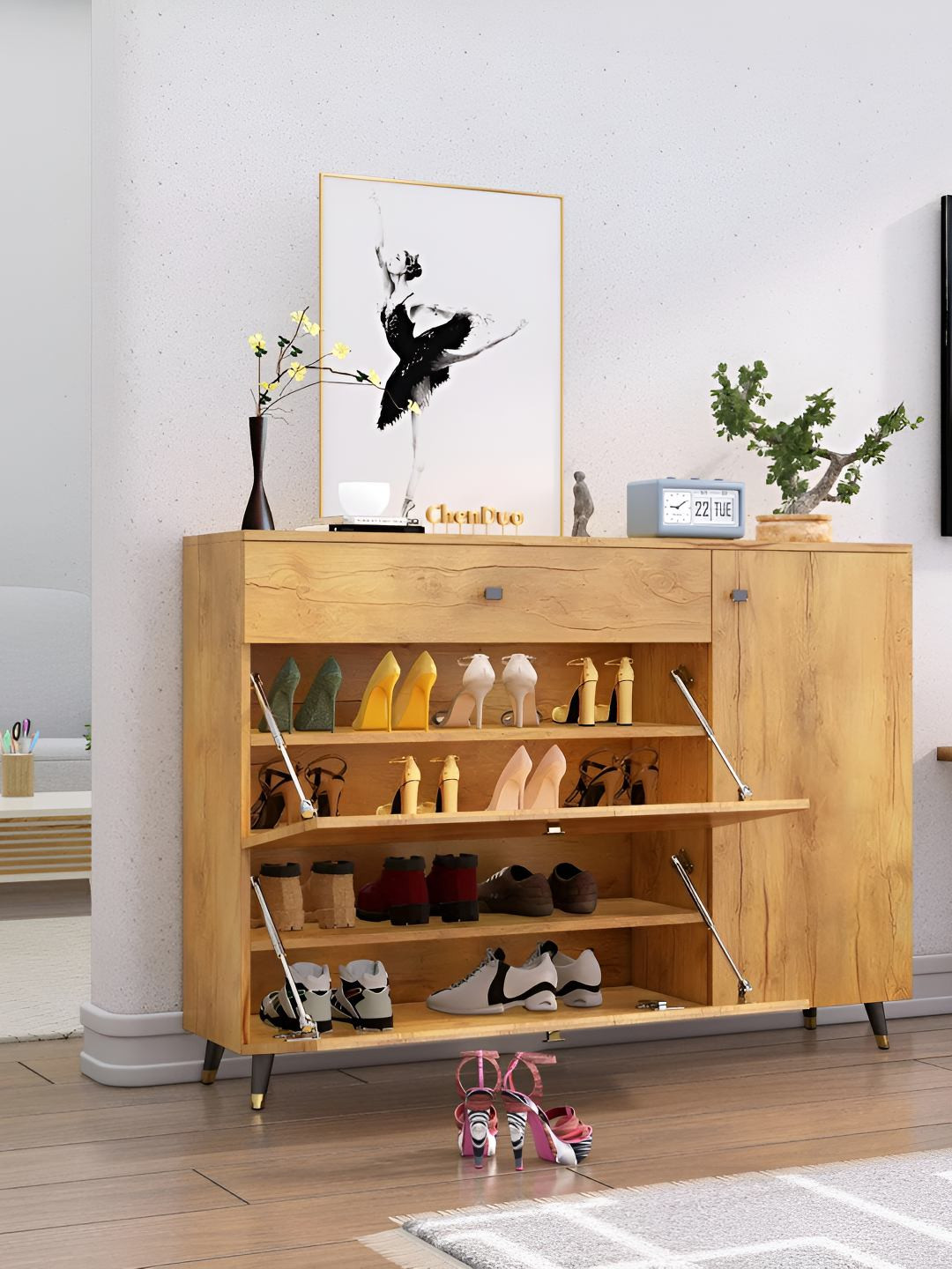 HEXA RED Beige 5-Layers Engineered Wood Sturdy and Stylish Shoe Rack