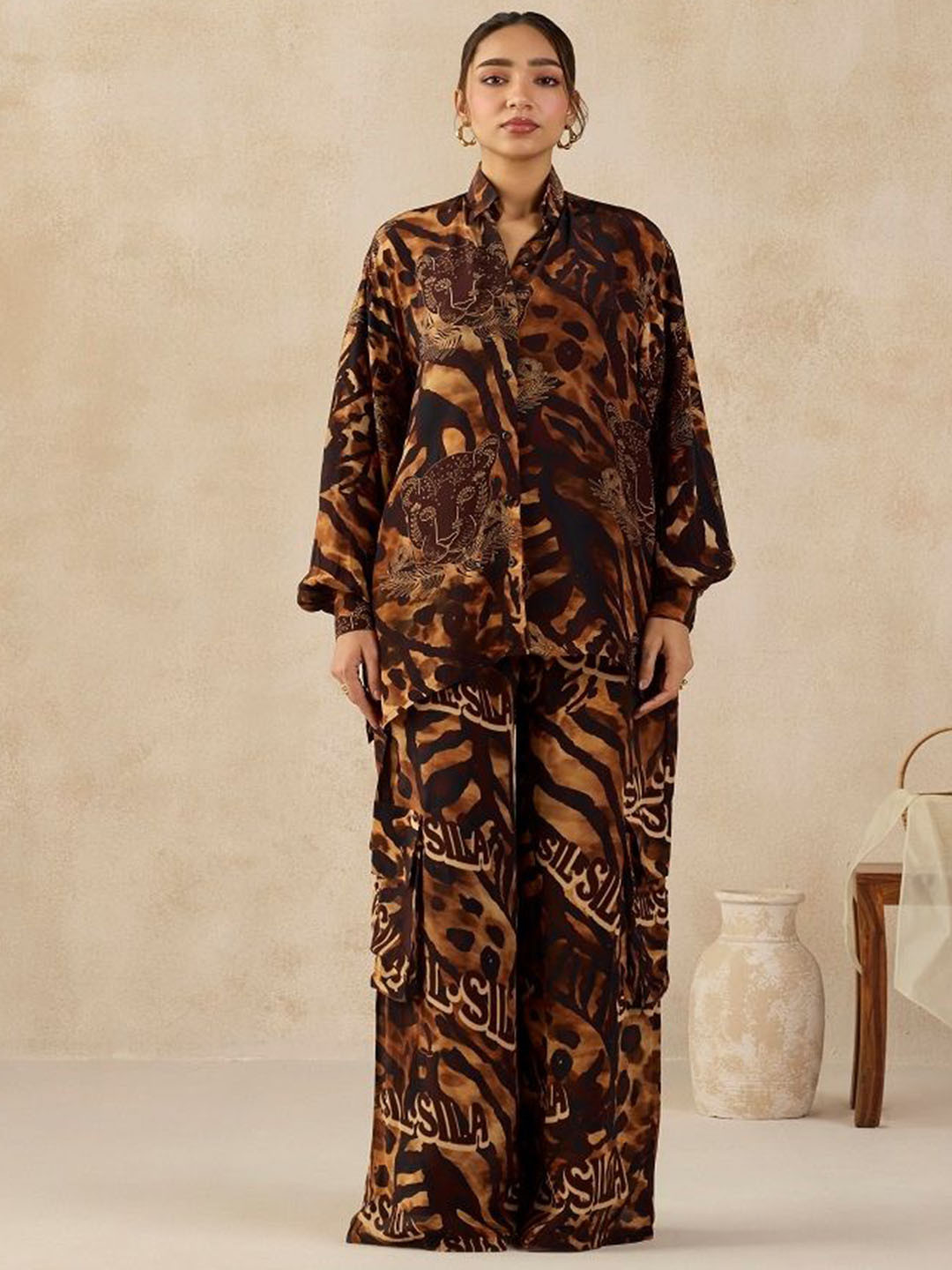 SIL SILA Women Brown Barcelona Shirt With Palazzo Co-Ords
