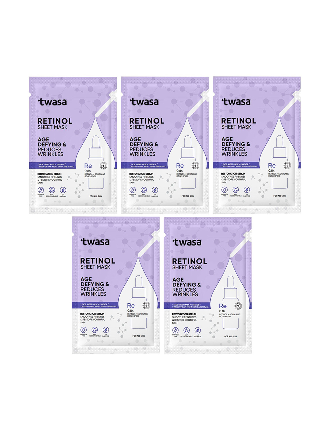 Twasa Set of 5 Retinol Sheet Mask for Age Defying & Reducing Wrinkles - 20 g each