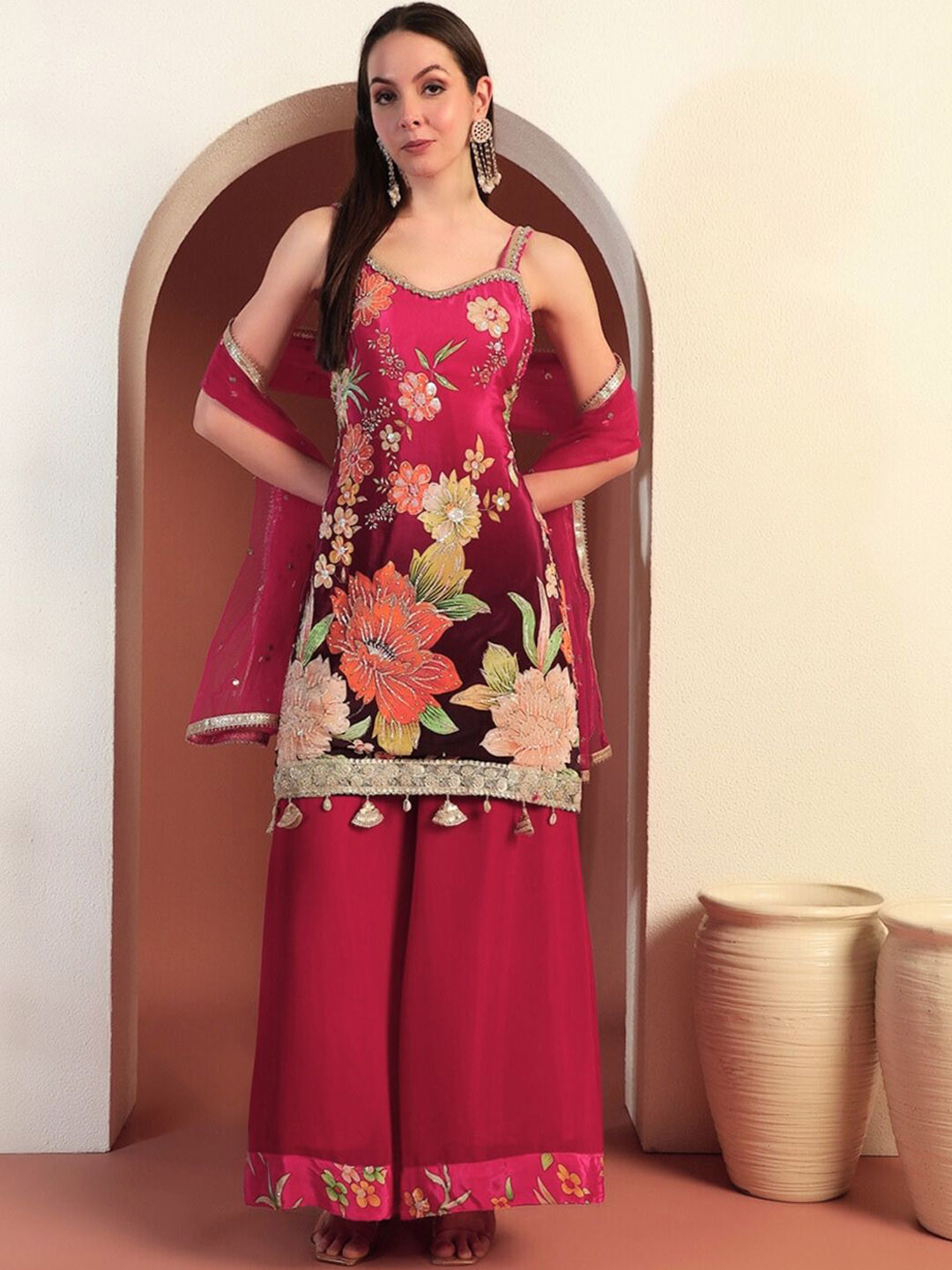 Chhabra 555 Digital Floral Printed Pearl Embellished Kurta & Palazzo With Dupatta