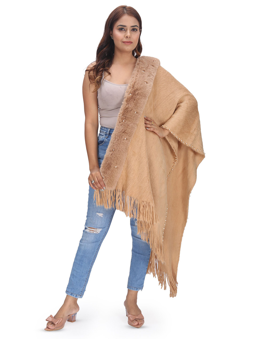 Manra Women Solid Stole with Tasselled Border