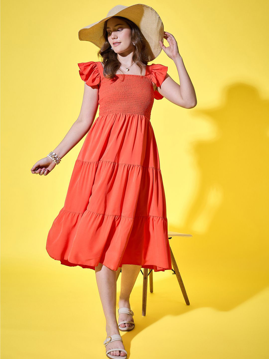 DIMPY GARMENTS Women Smocked Tiered Fit and Flare Midi Dress