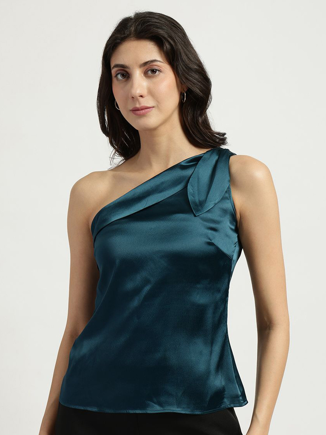 FableStreet Teal Satin Bow Tie One Shoulder Top