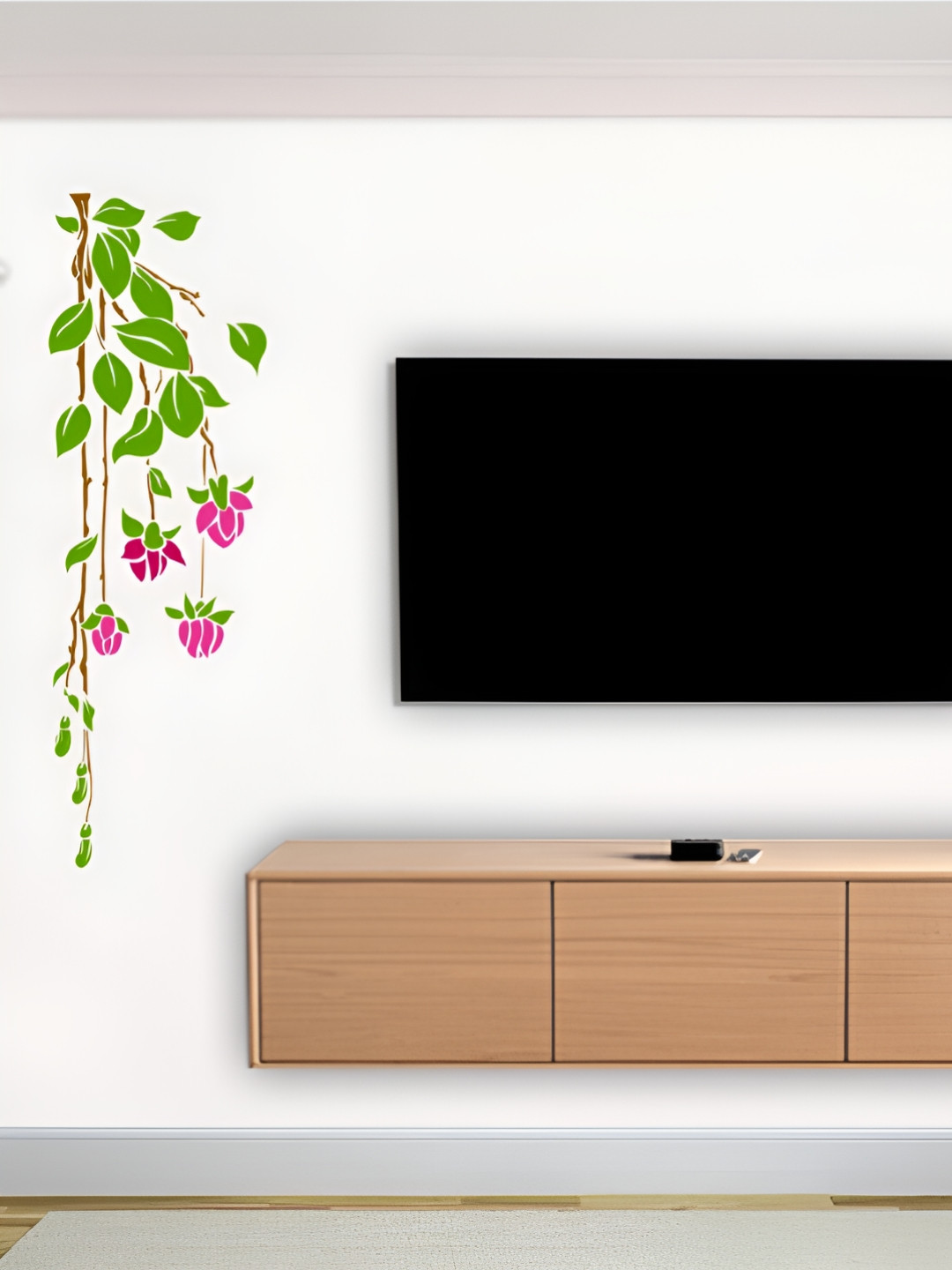 Aura Green & Pink Hanging  Leaves & Pink Flowers Self Adhesive Wall Sticker
