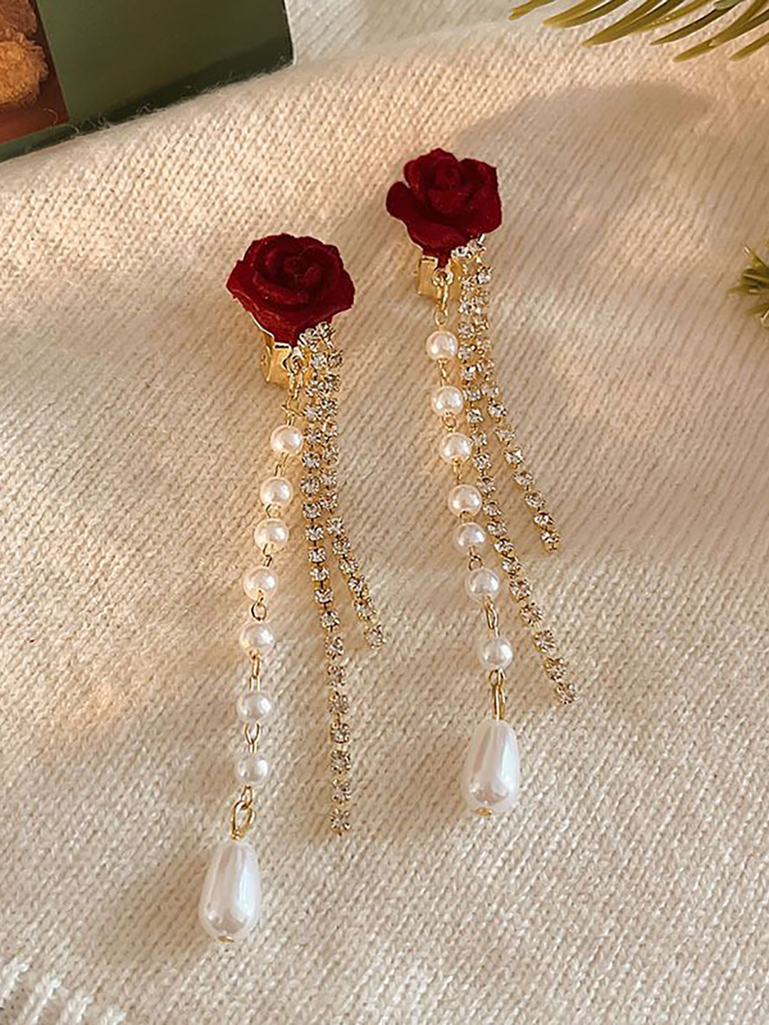 DIVASTRI Gold Plated Pearls Beaded Chandelier Floral Korean Drop Earrings