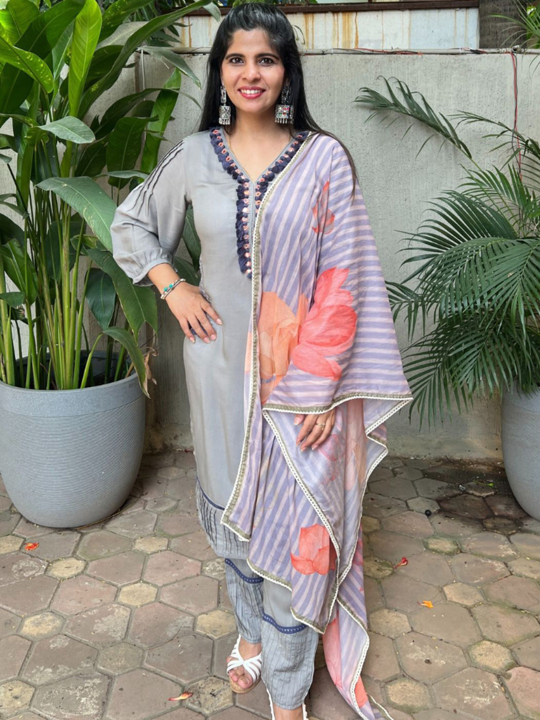 Label Ishnya Geometric Yoke Design Mirror Work Modal Kurta With Palazzos & Dupatta