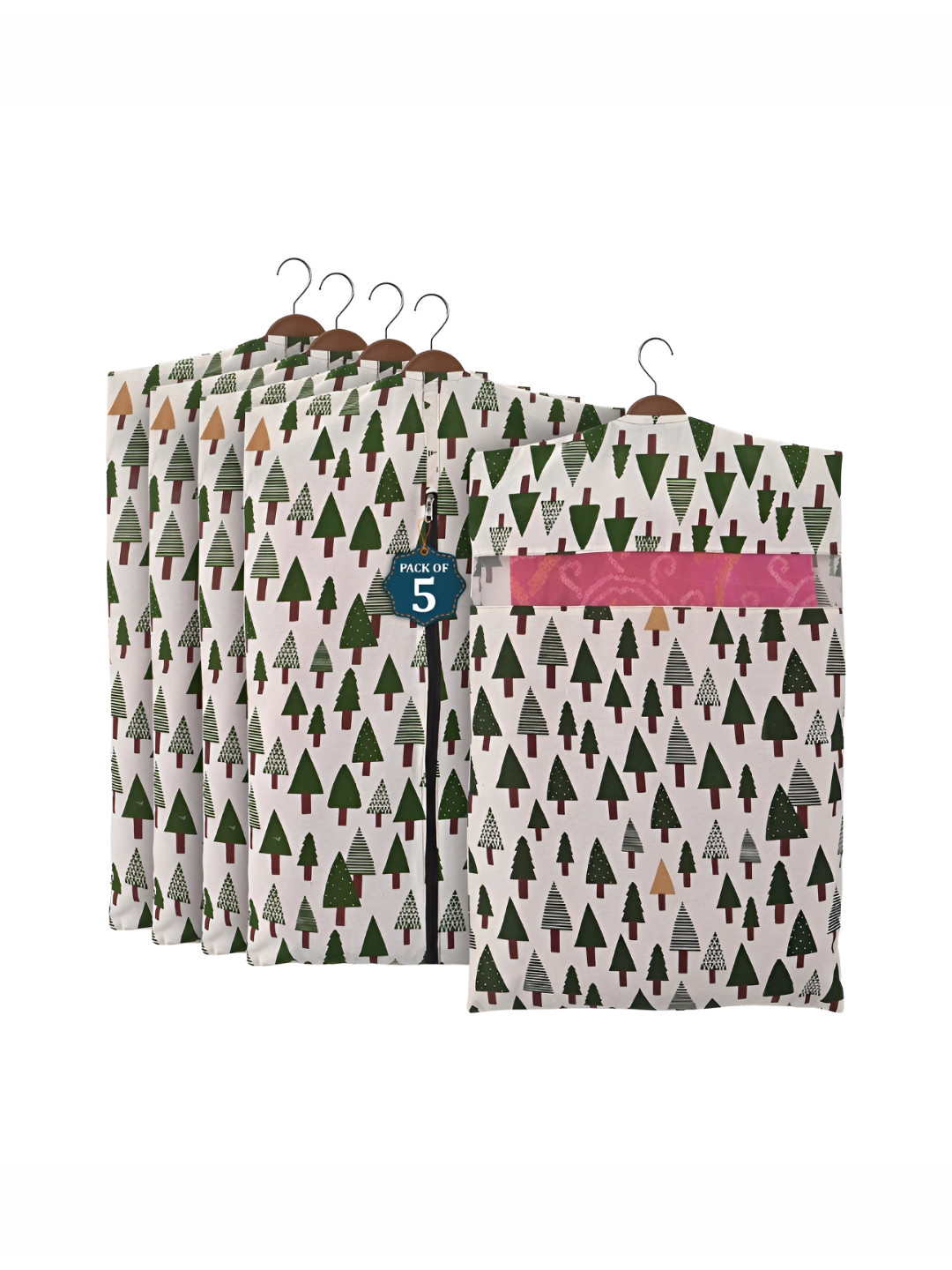 Aura White & Green 5 Pieces Printed Mesh Cotton Hanging Saree Cover Cotton Organisers