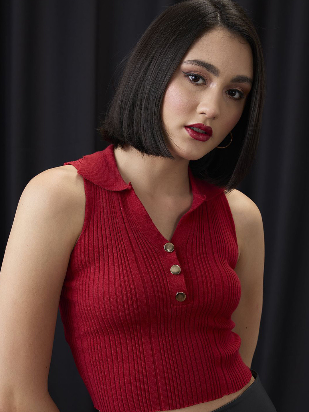 Globus Collared Halter Neck Gold Button Detail Flat Knit Ribbed Crop Top