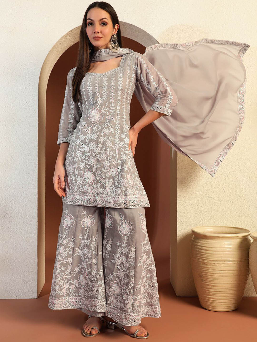 Chhabra 555 Resham & Sequin Embroidered Crystal Embellished Kurta With Palazzo & Dupatta