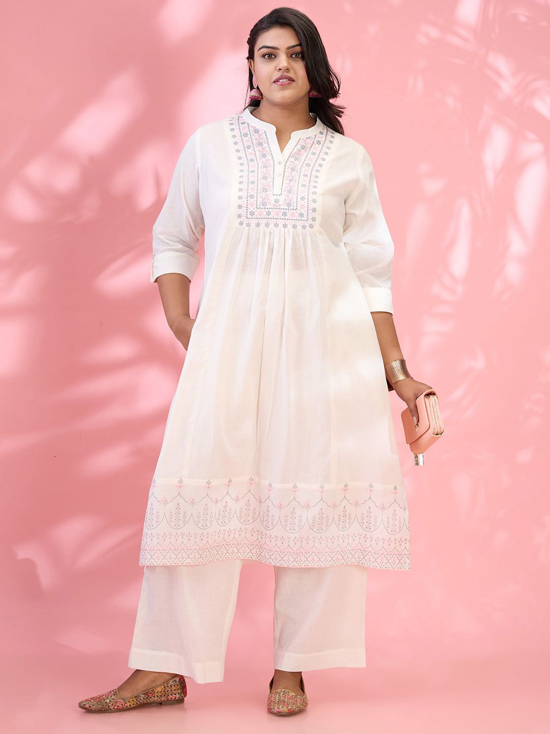 Globus Gloplus Embroidered Mandarin Neck Roll Up Sleeve Plus Size A-Line Kurta & Pants Set