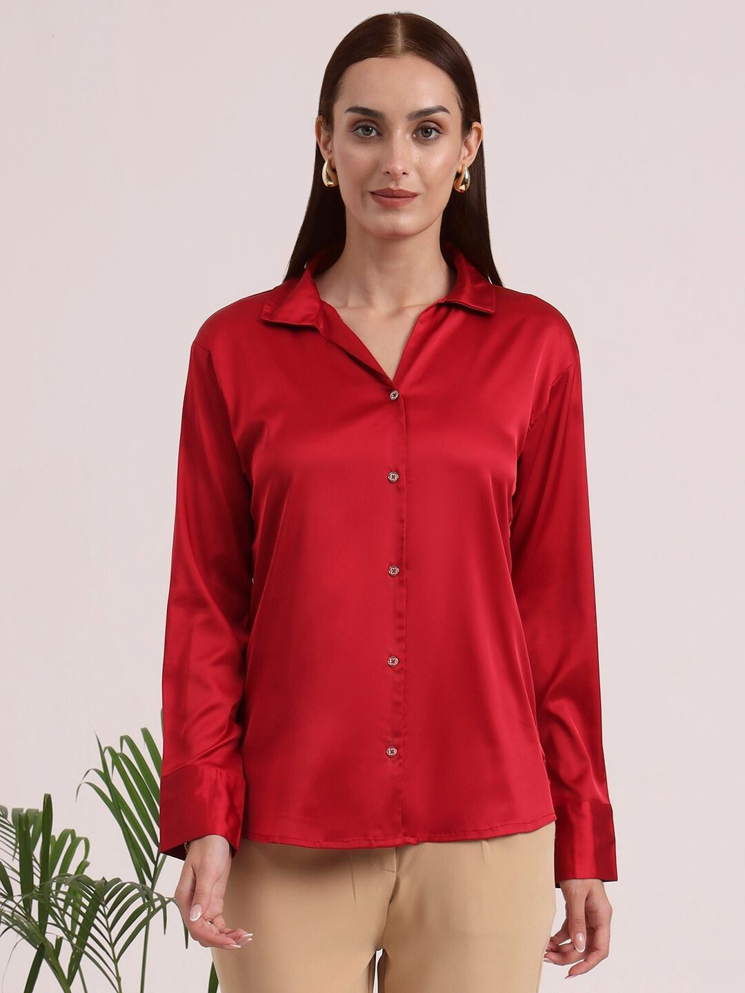 AMSWAN Women European Satin Spread Collar Shirt