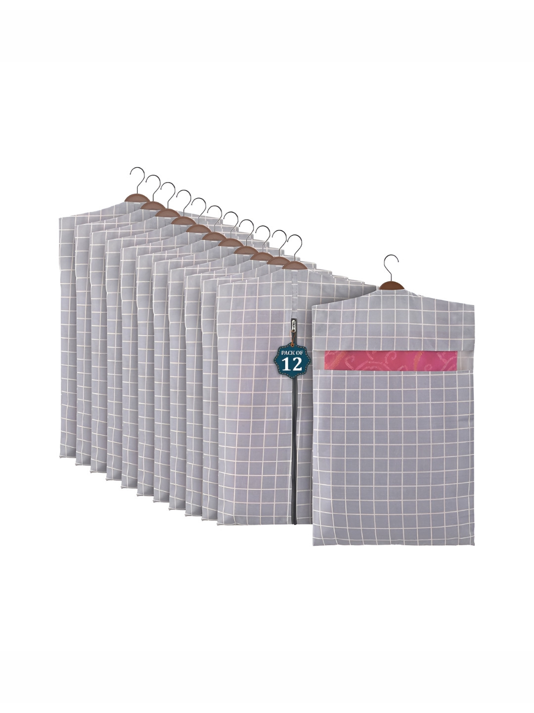 Aura Grey & White 12Pcs Cotton Hanging Saree Cover & Storage Multi-Utility Organisers