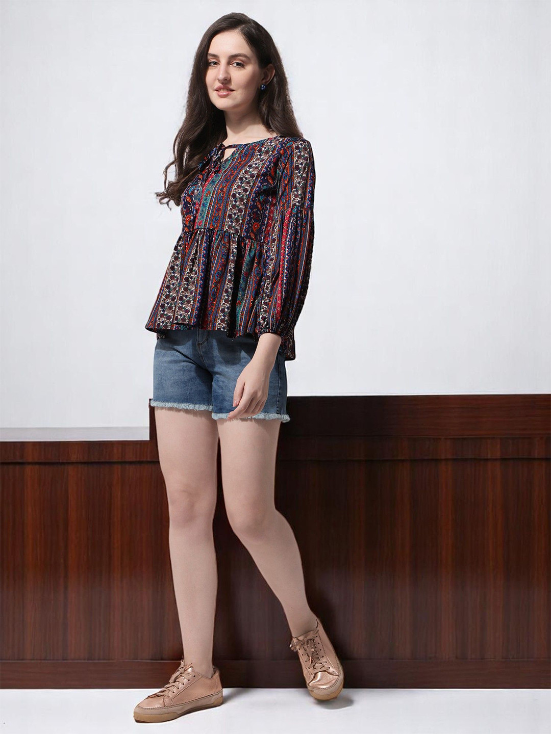 OOMPH! FACTOR Women Print Puff Sleeve Peplum Top