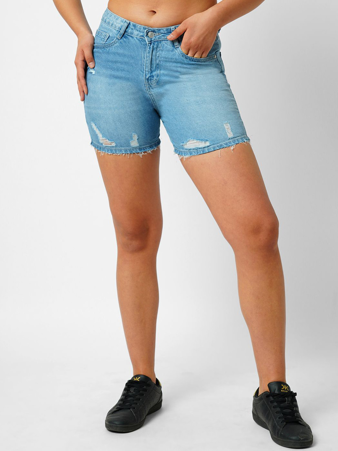Kraus Jeans Women Slim Fit High-Rise Distressed Denim Shorts