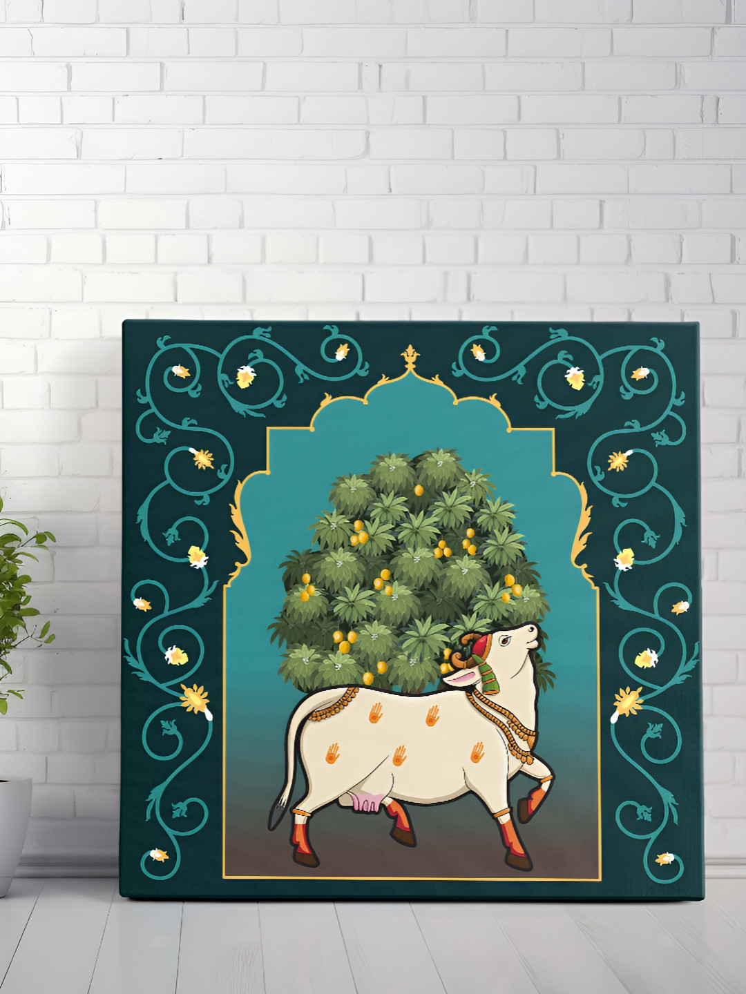 SAF Green & White Canvas Kamdhenu Cow with Sacred Tree Wall Art
