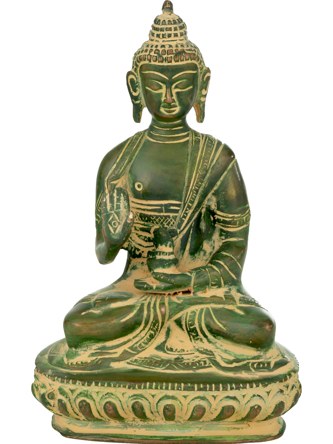 Exotic India Patina Green & Beige Buddha Brass Idol Showpiece