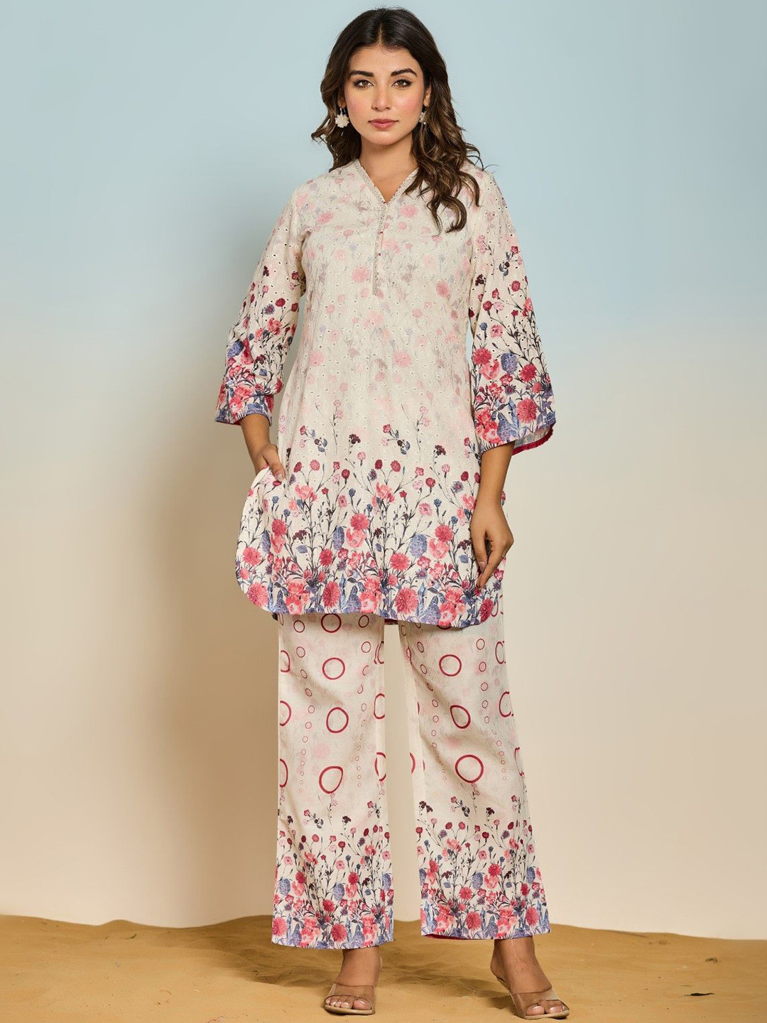 AUTUMN LANE Women White Raagvi Flora Cotton Top With Trousers Co-Ords Set