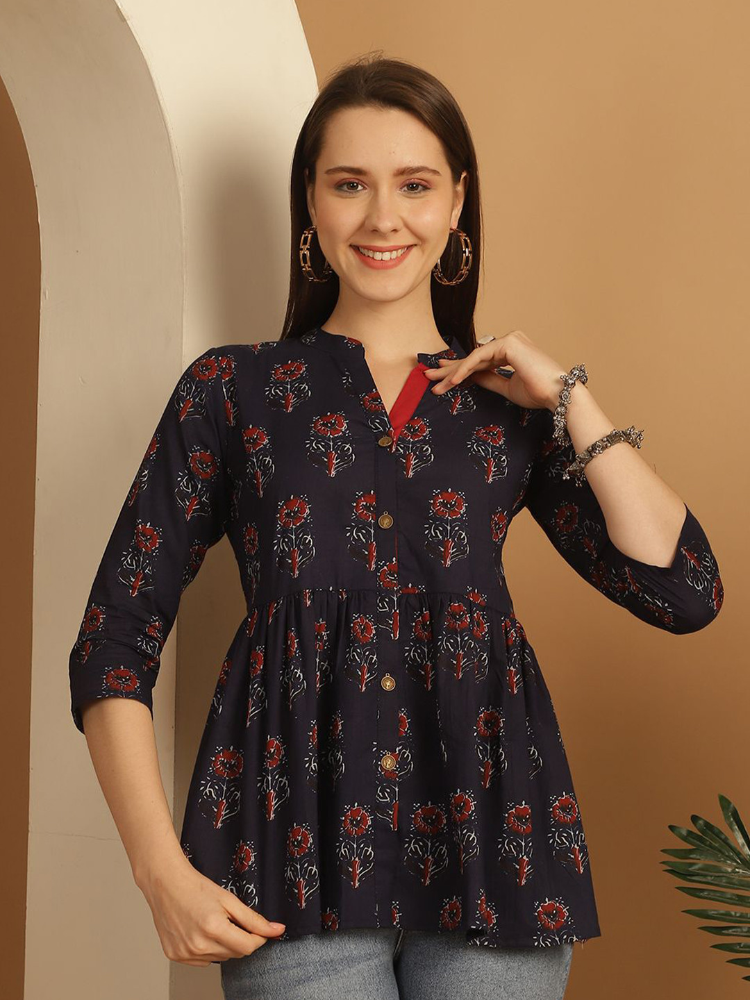 Merira Women Gathers Mandarin Collar Tunic