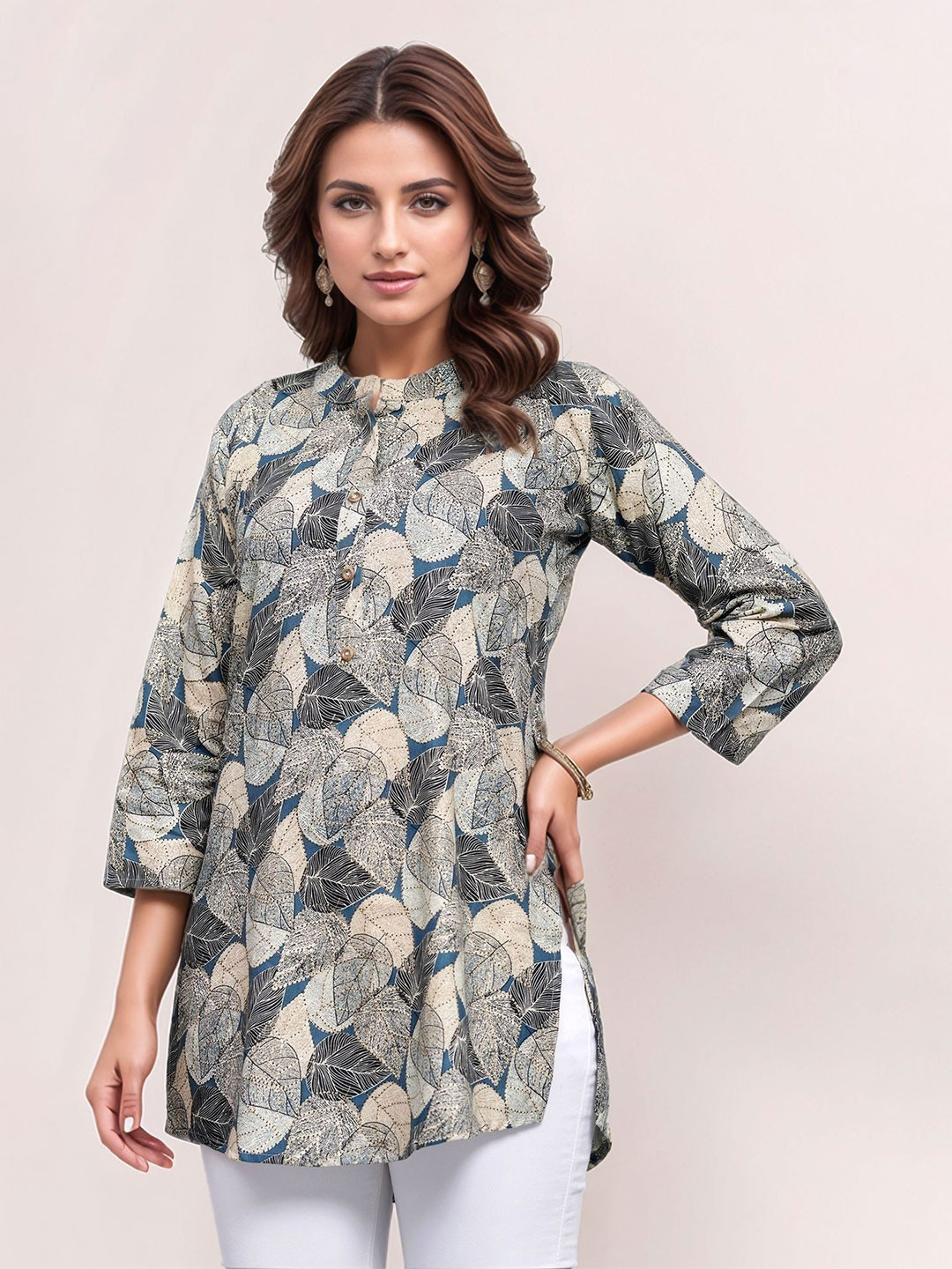 The loom craft Women Abstract self design Mandarin Collar Top
