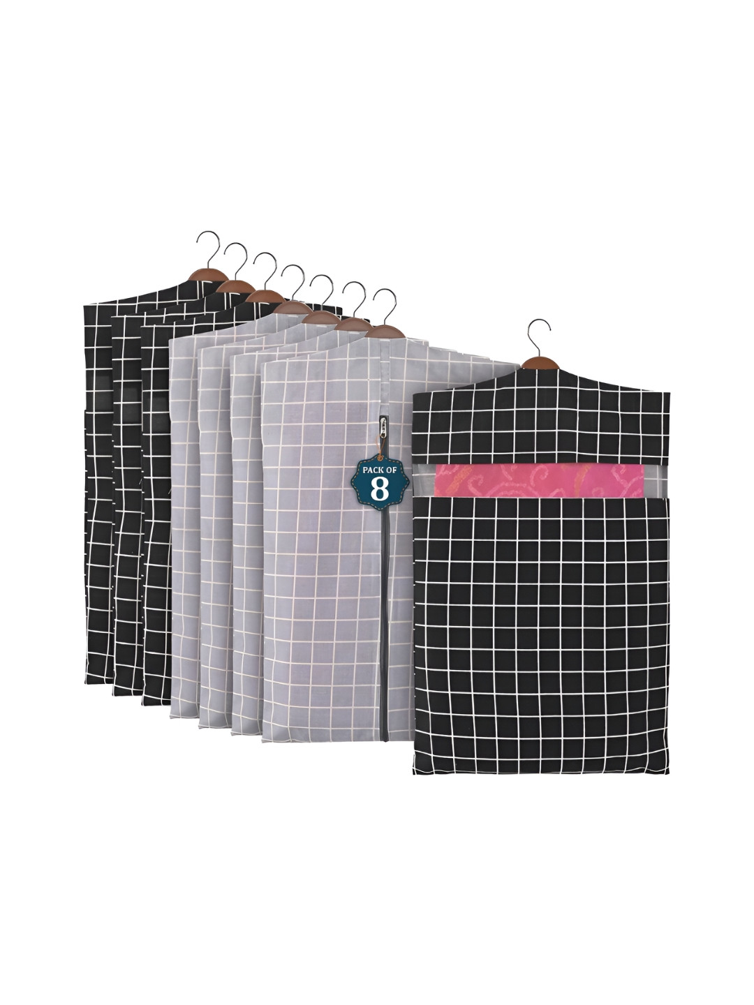 Aura Grey 8 Pcs Mesh Window Cotton Hanging Saree Covers & Storage Multi-Utility Organisers
