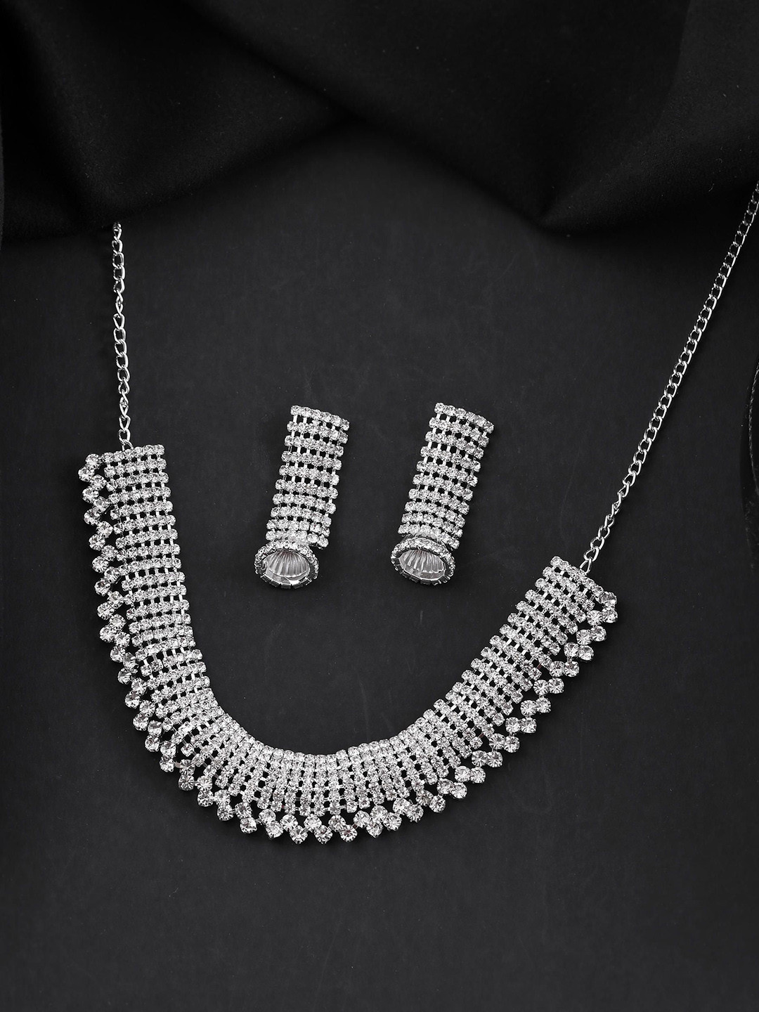 VOJ Silver-Plated American Diamond Studded Choker Jewellery Set