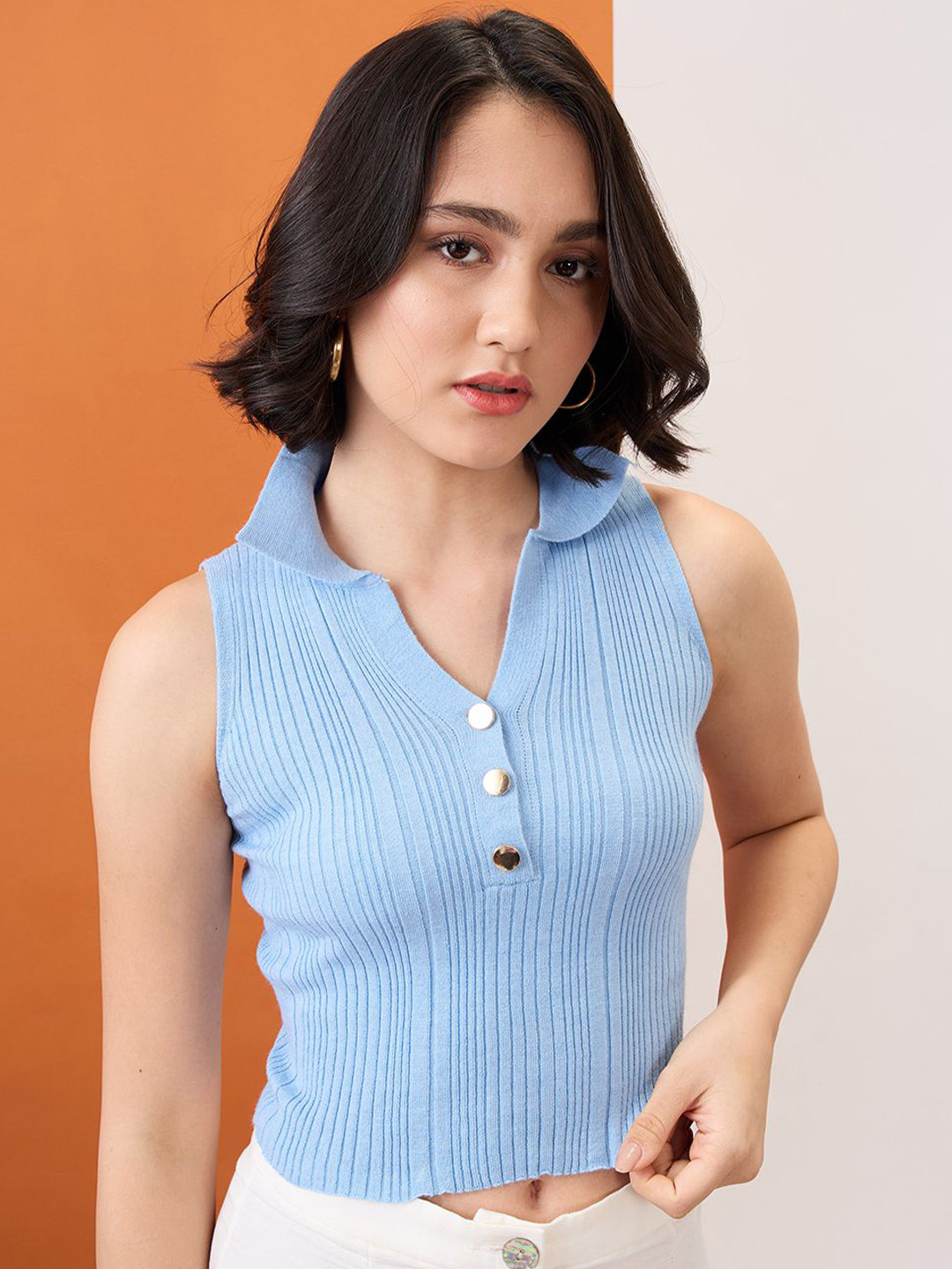 Globus Collared Halter Neck Gold Button Detail Flat Knit Ribbed Crop Top